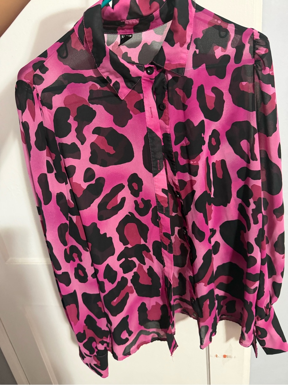 SHEIN Hot Pink and Black Leopard Print Button-Up Blouse